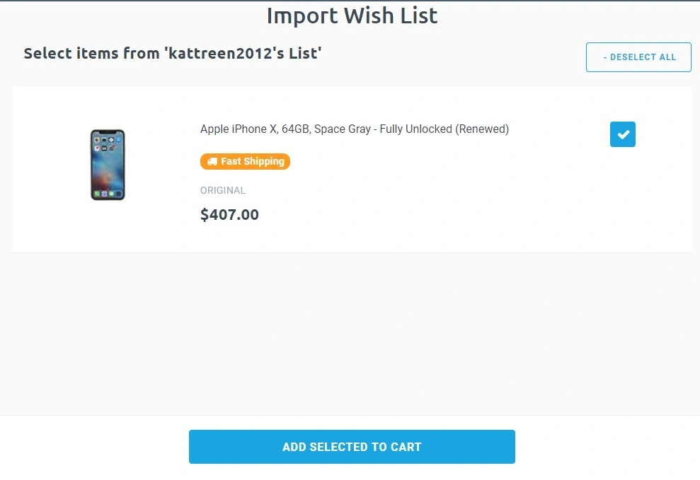 Select item in wish list