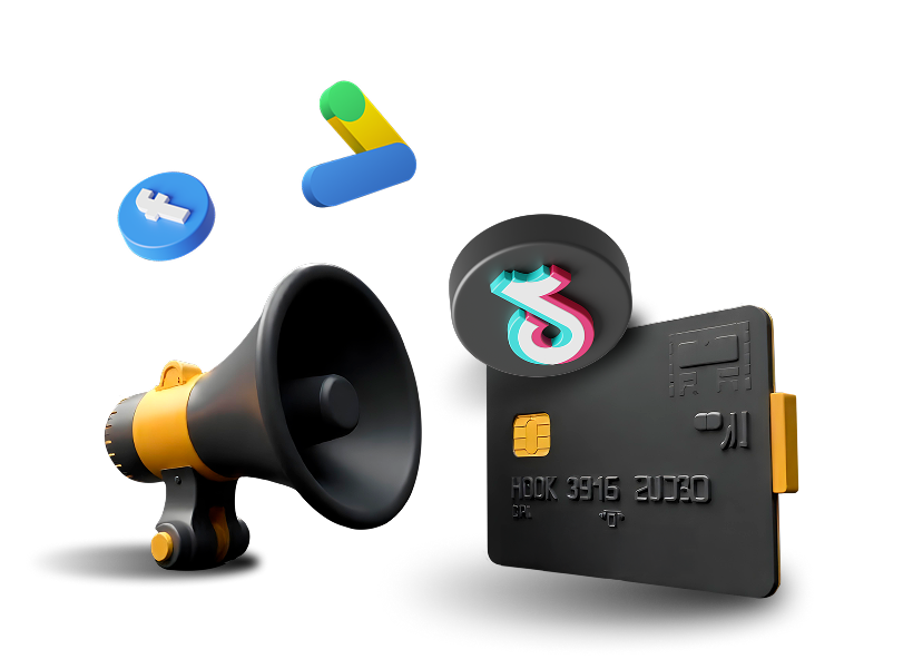 virtual card, tiktok icon, facebook icon