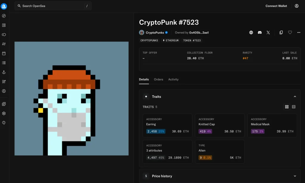 CryptoPunk #7523 был продан на Sotheby’s за $11,8 млн — ещё один канонический пример цены на цифровой актив.