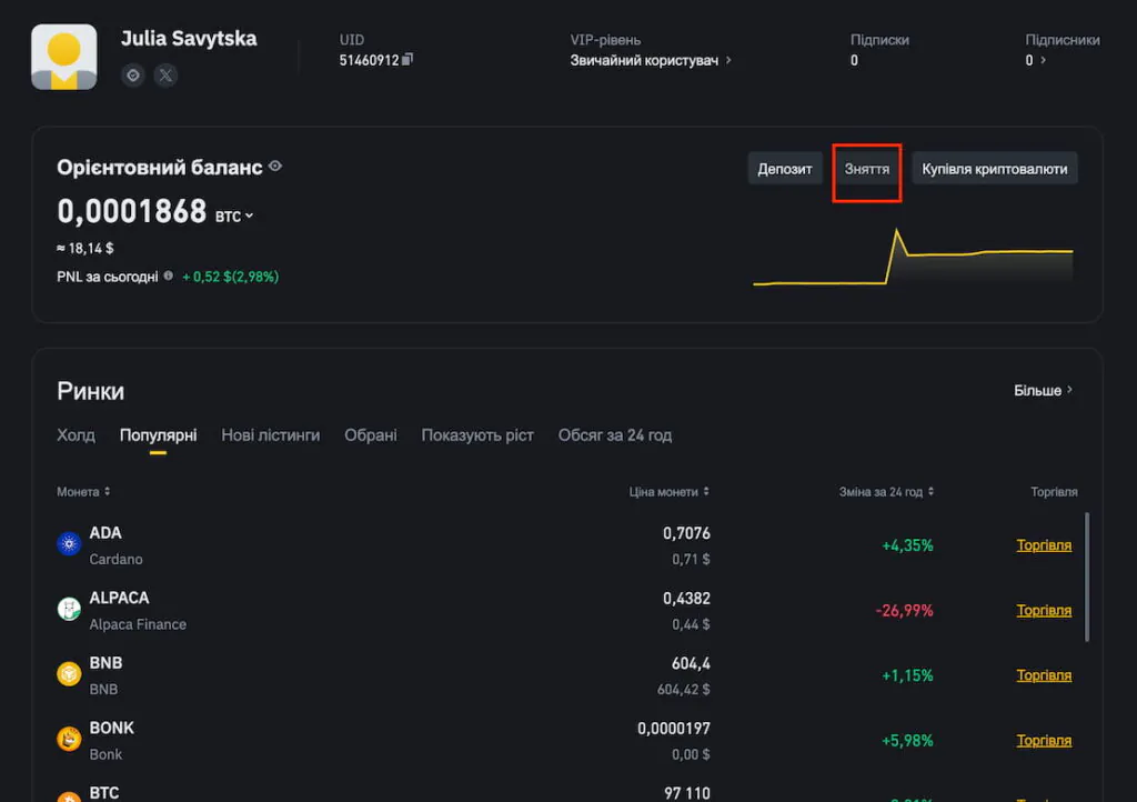 Як вивести криптовалюту з Binance
