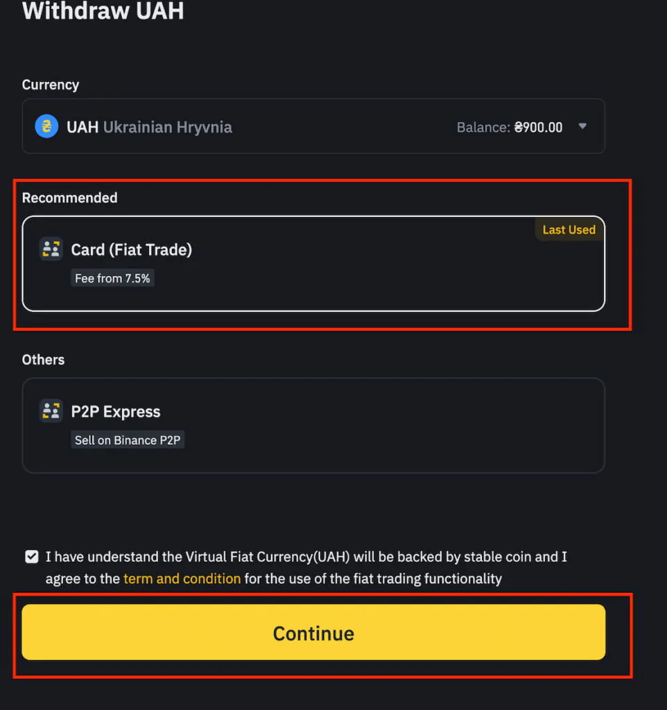 choose withdraw and select currency on binance