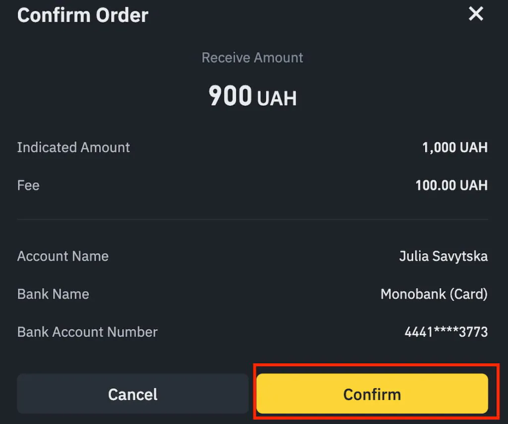 confirm order and select the amount of money on binance